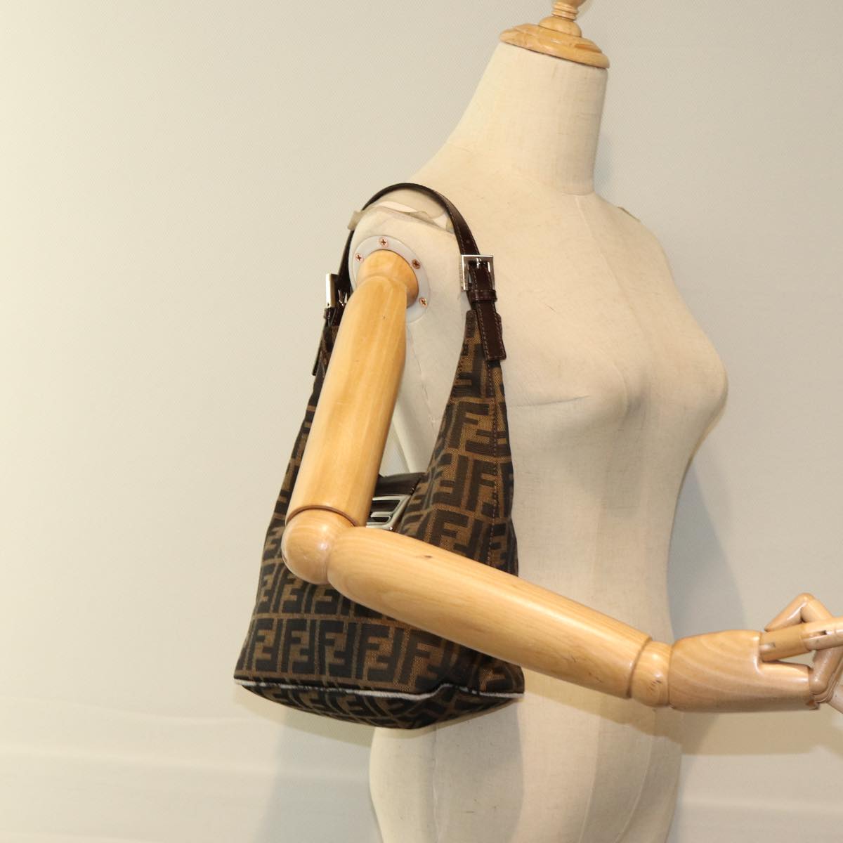 FENDI Zucca Canvas Mamma Baguette Shoulder Bag Brown Black am6561