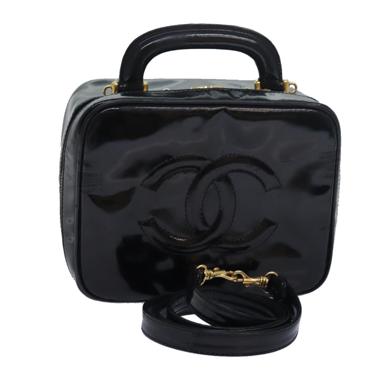 CHANEL Vanity Hand Bag Enamel 2way Black CC am6641