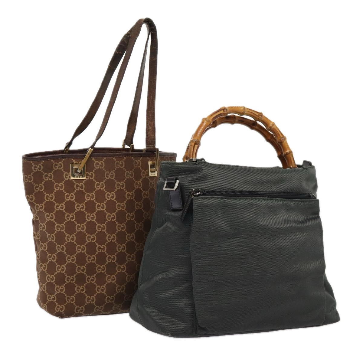 GUCCI GG Canvas Bamboo Hand Bag Nylon Canvas 2Set Brown Gray am6758