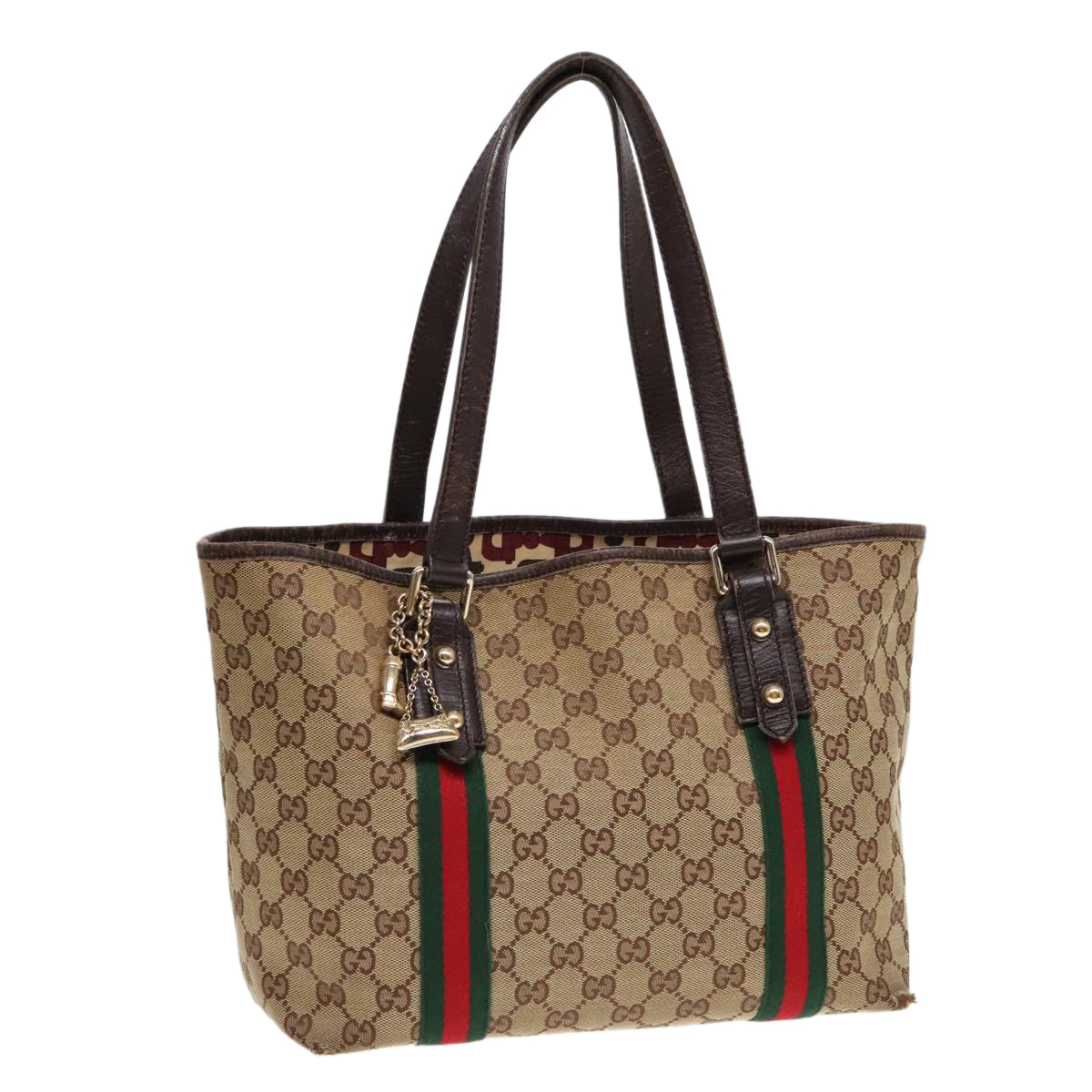 GUCCI GG Canvas Web Sherry Line Tote Bag Beige Green Red am6853