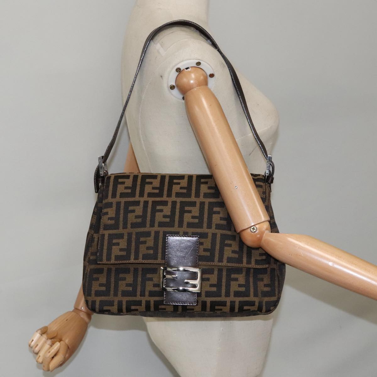 FENDI Zucca Canvas Mamma Baguette Shoulder Bag Black Brown Silver am7091A