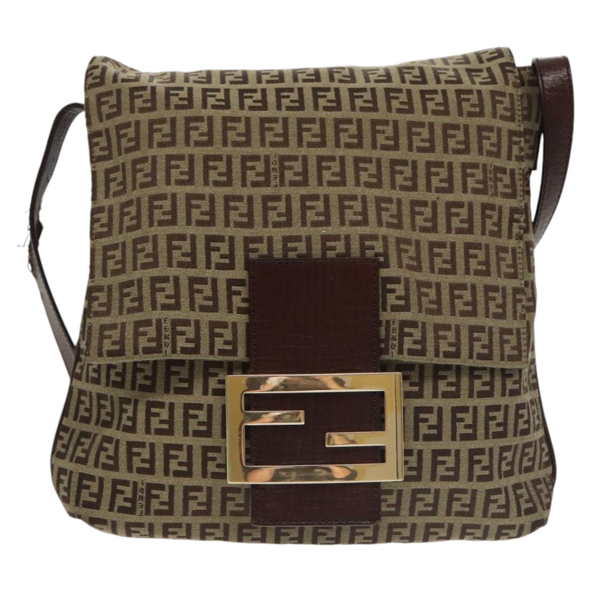 FENDI Zucchino Canvas Shoulder Bag Brown Gold am7306
