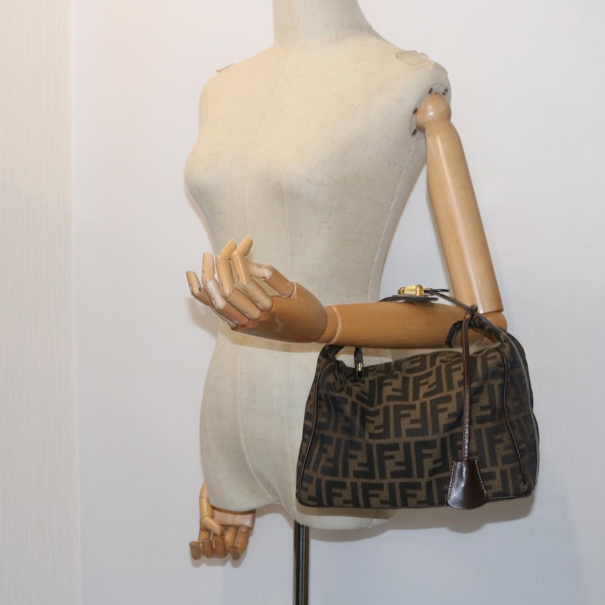 FENDI Zucca Canvas Hand Bag Leather Black Brown ar10305