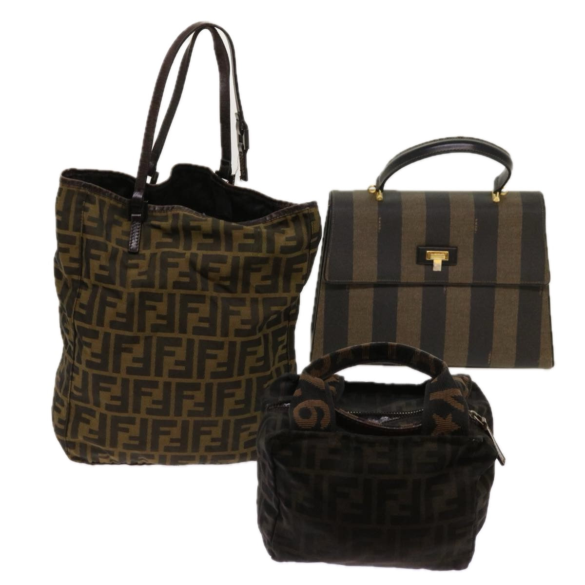 FENDI Zucca Pecan Canvas Hand Bag Nylon 3Set Brown Black ar11235