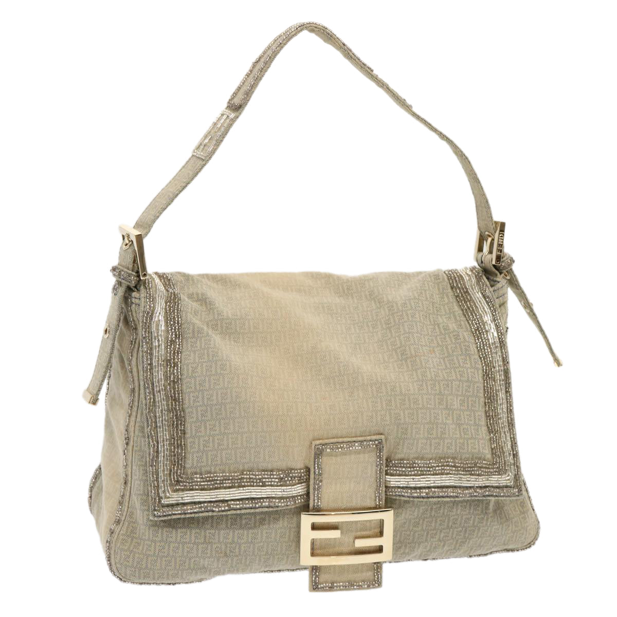 FENDI Zucchino Canvas Beads Mamma Baguette Shoulder Bag Gray ar11697