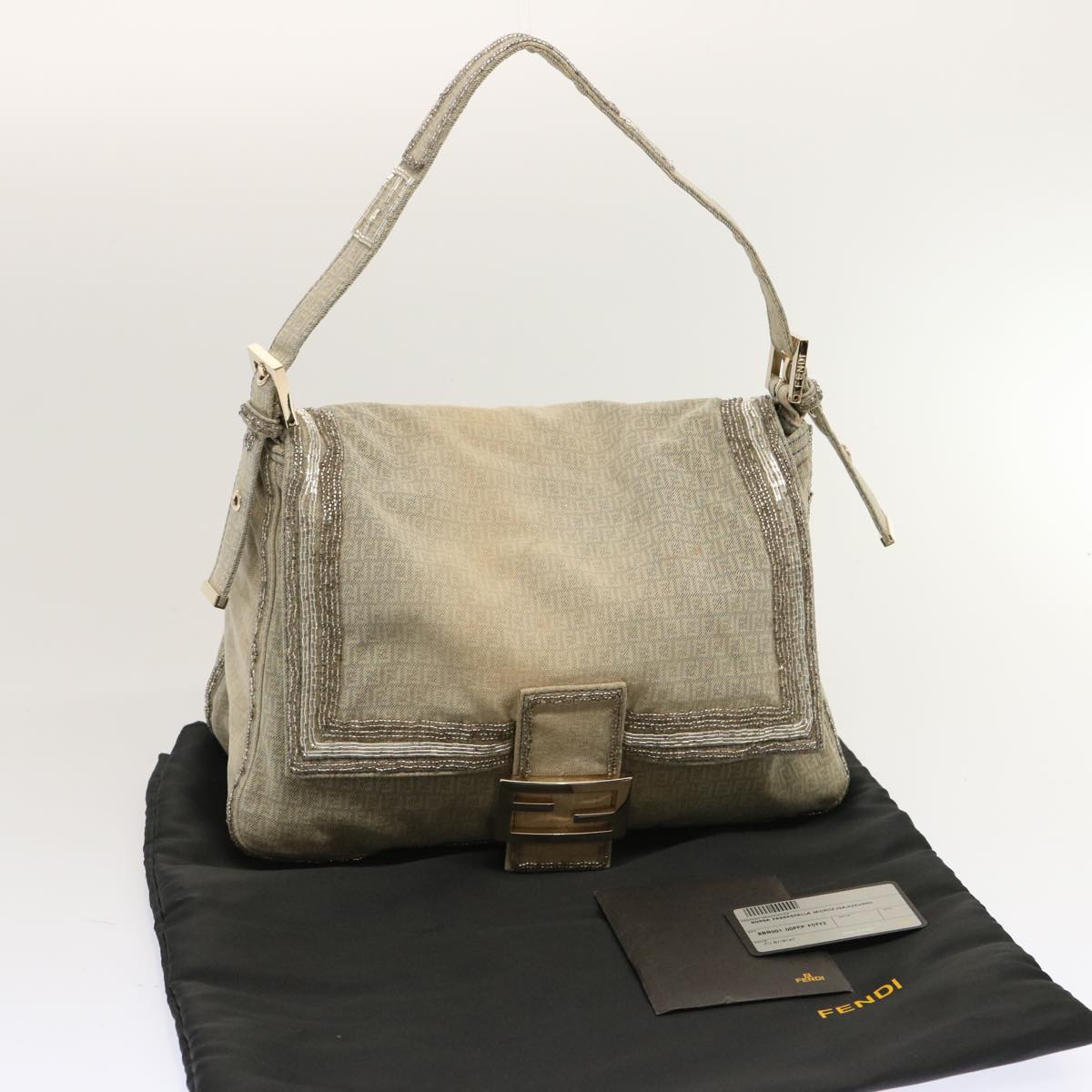FENDI Zucchino Canvas Beads Mamma Baguette Shoulder Bag Gray ar11697