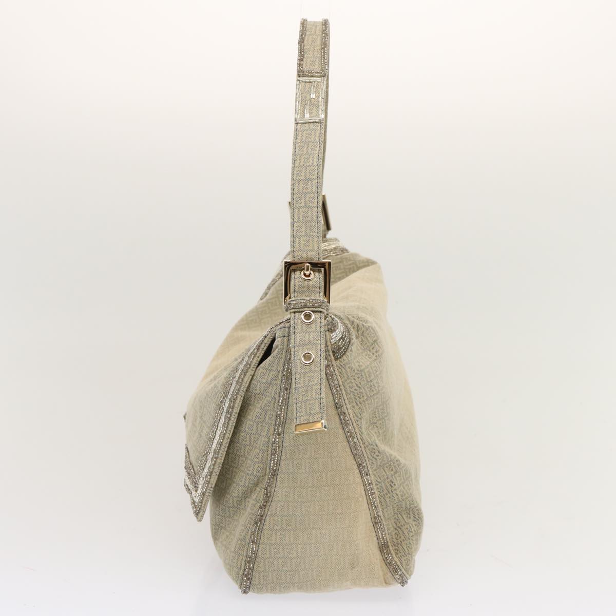 FENDI Zucchino Canvas Beads Mamma Baguette Shoulder Bag Gray ar11697