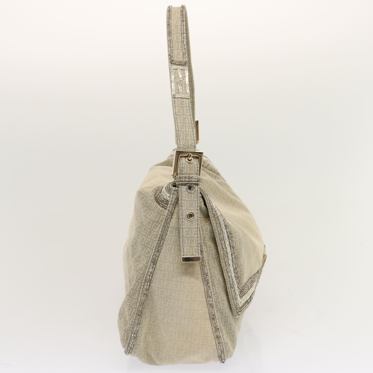FENDI Zucchino Canvas Beads Mamma Baguette Shoulder Bag Gray ar11697