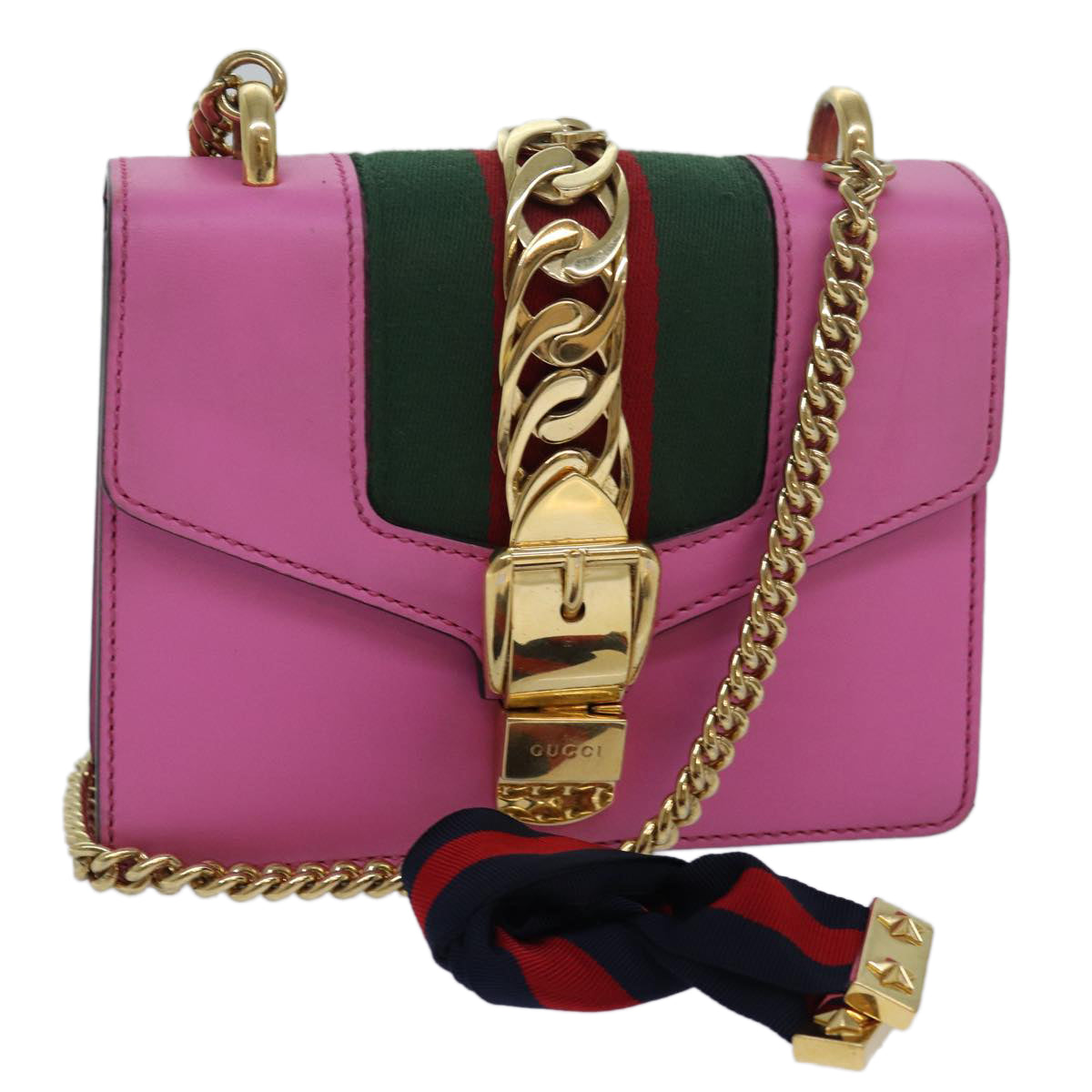 GUCCI Sylvie Web Sherry Line Mini Chain Bag Leather Pink 431666 ar12089