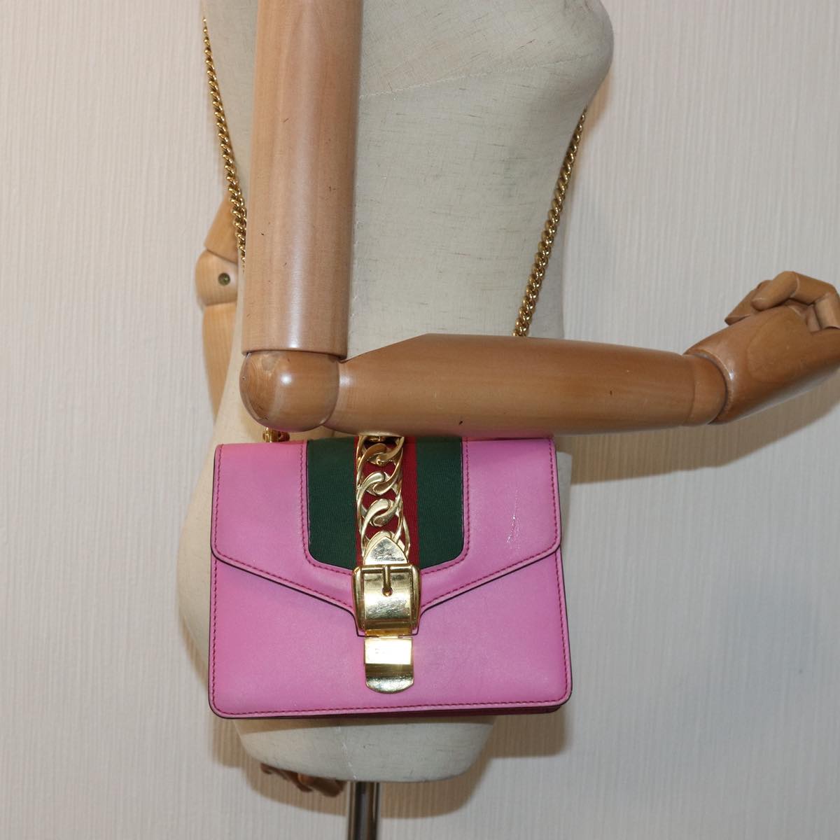 GUCCI Sylvie Web Sherry Line Mini Chain Bag Leather Pink 431666 ar12089