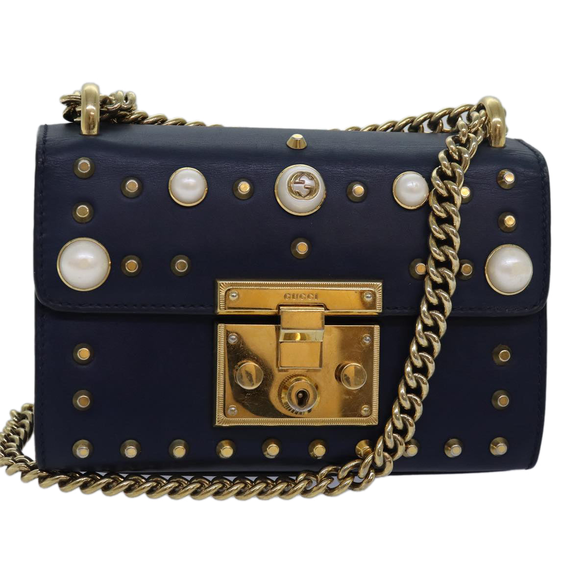 GUCCI Pad Lock Chain Shoulder Bag Leather Navy 432182 ar12096