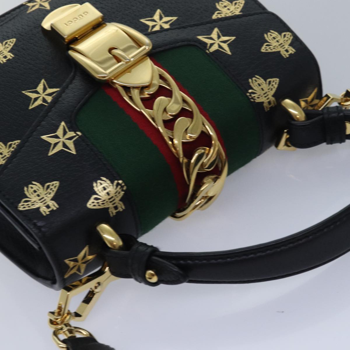 GUCCI Web Sherry Line Silvi Hand Bag Leather Black Red Green 470270 ar12097