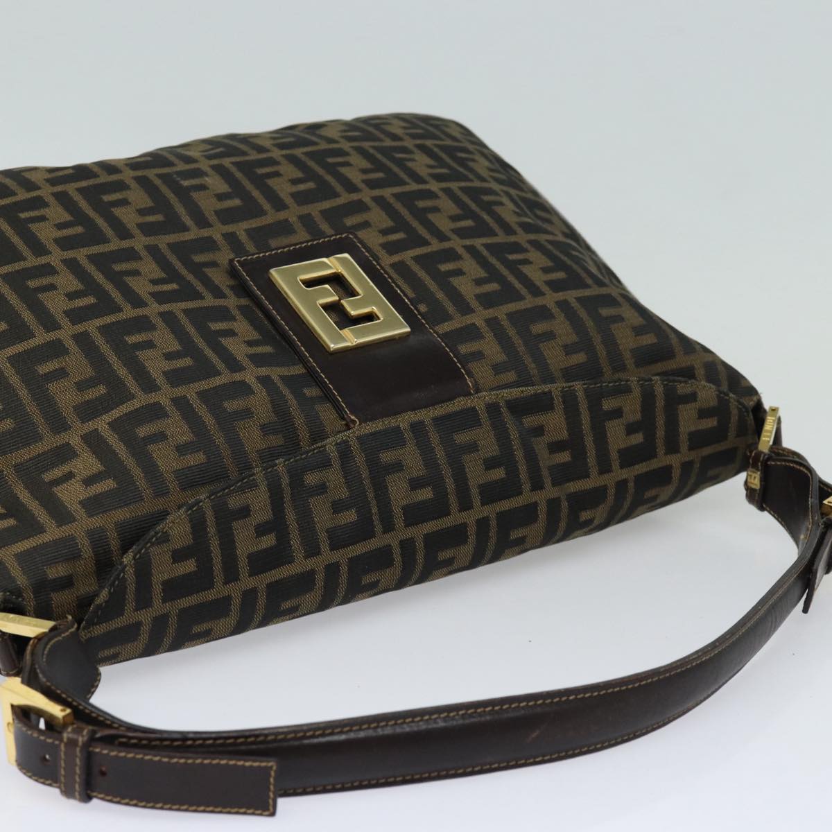 FENDI Zucca Canvas Shoulder Bag Brown Black gold ar12413