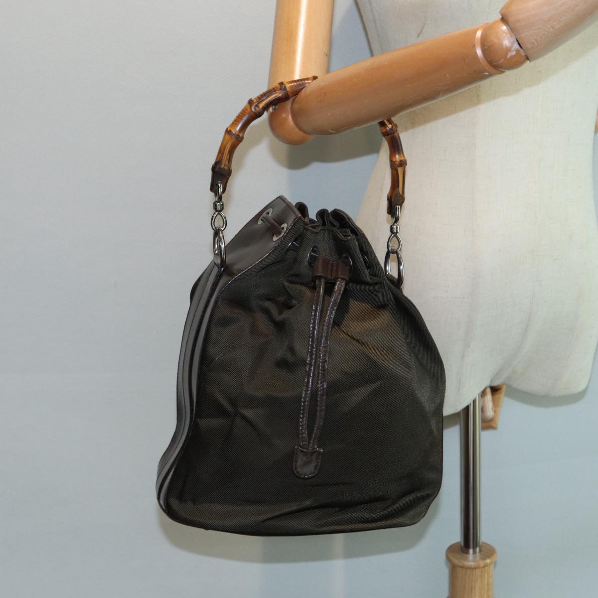 GUCCI Bamboo Hand Bag Nylon Brown Silver ar12416