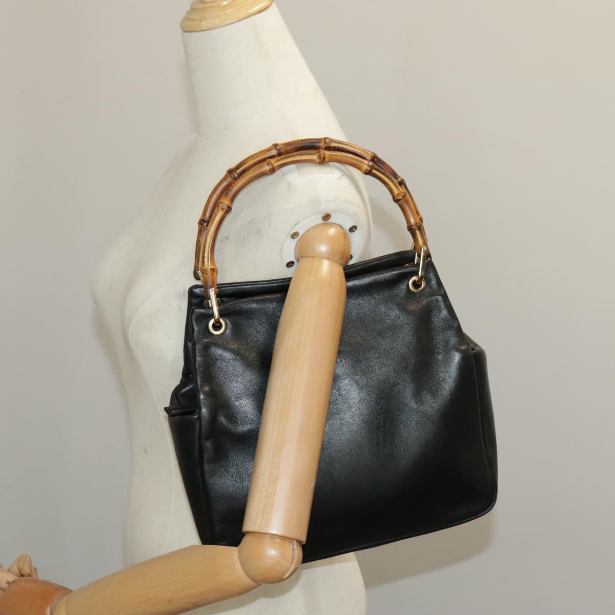 GUCCI Bamboo Hand Bag Leather Black Gold 000 3444 0580 ar12724