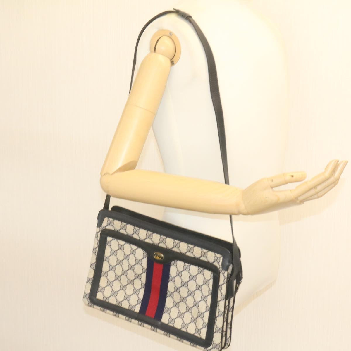 GUCCI Sherry Line GG Canvas Shoulder Bag PVC Leather Red Navy ar4424