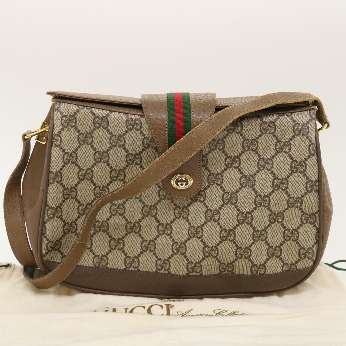 GUCCI Web Sherry Line GG Canvas Shoulder Bag Beige Red Green ar6721
