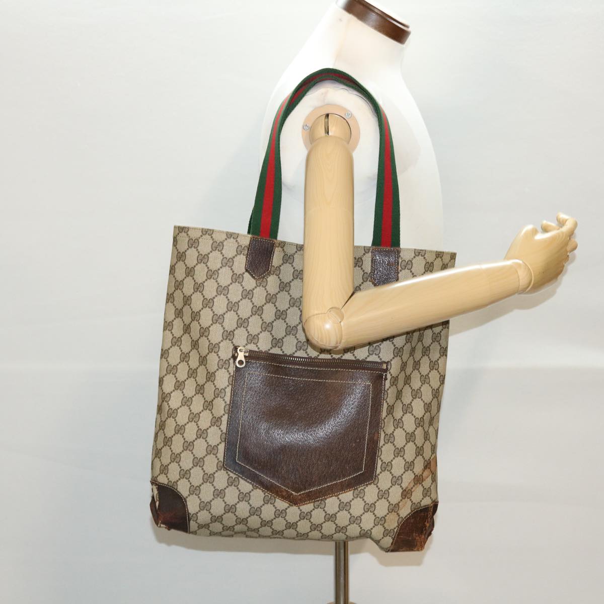 GUCCI GG Canvas Web Sherry Line Tote Bag Beige Red Green ar9393