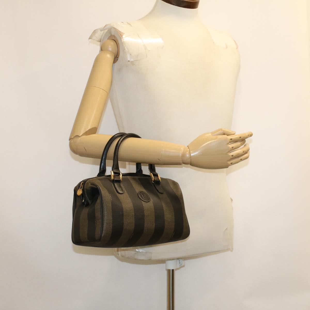 FENDI Pecan Canvas Mini Boston Bag PVC Leather Brown Black ar9480