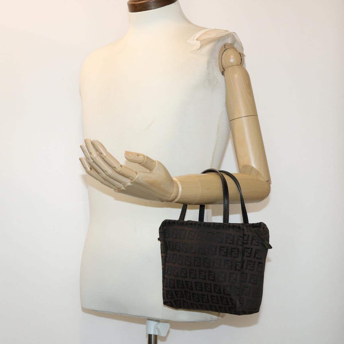 FENDI Zucchino Canvas Hand Bag Nylon Brown Black ar9763