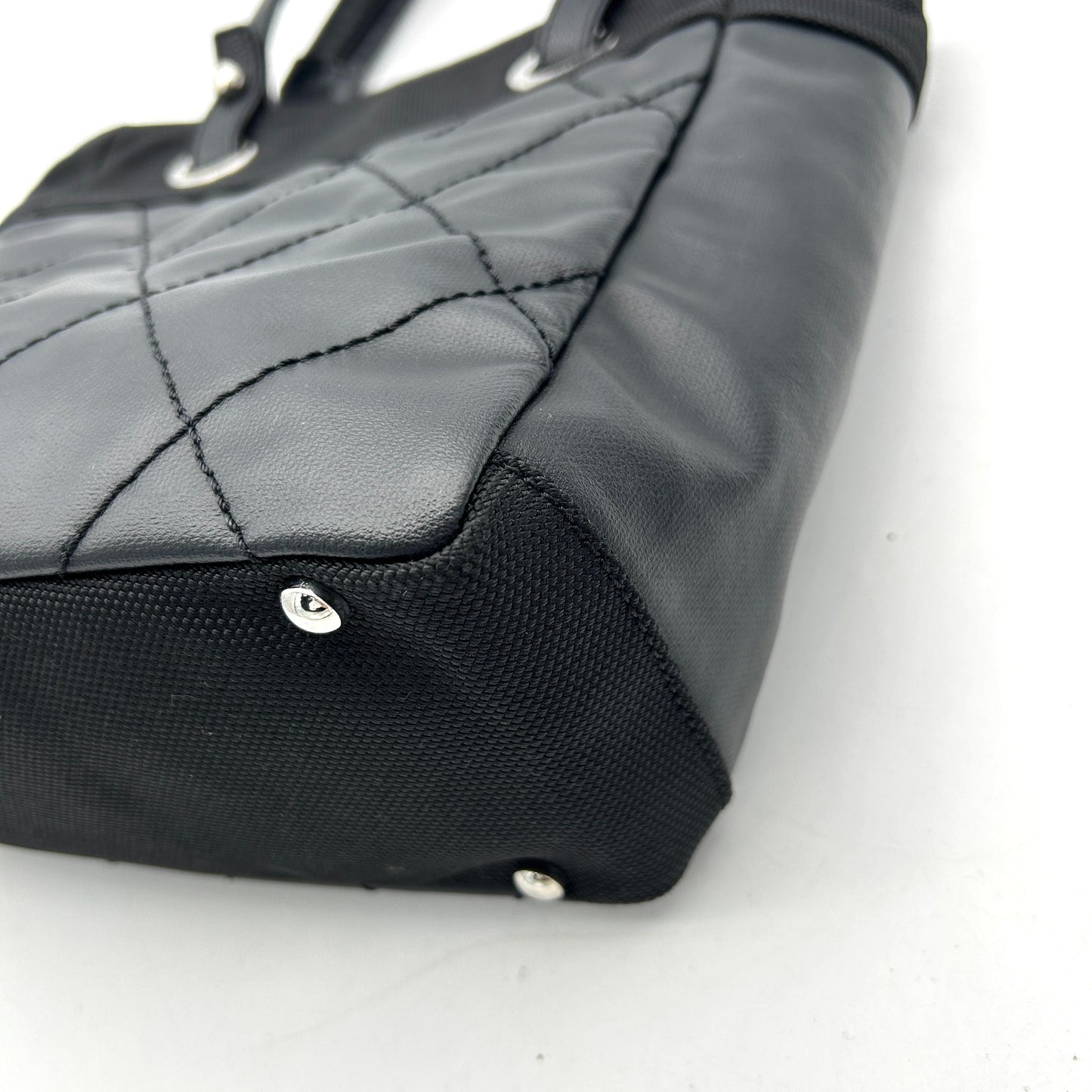CHANEL Coated Canvas Leather Quilted Small Paris Biarritz Tote Black LA2976