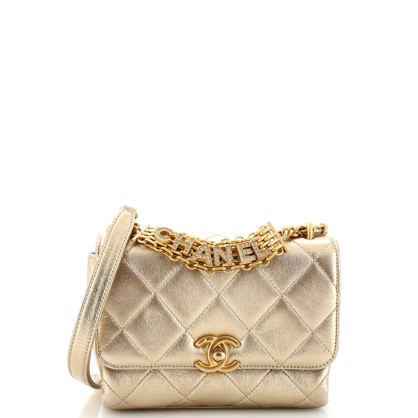 CHANEL Crystal Logo Letters Chain Handle Flap Bag Quilted Lambskin Mini
