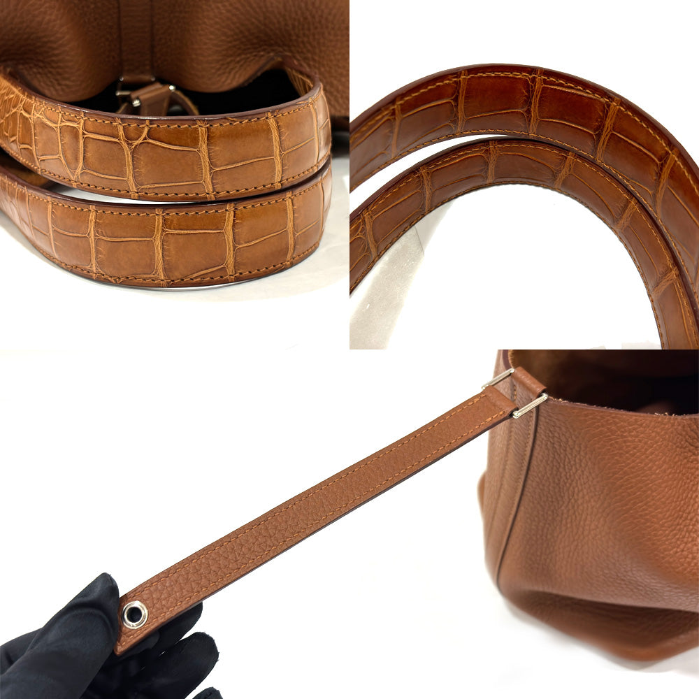 Hermes Picotin Lock  MM Brown Alligator  Clemence Silver  YÃƒÂ¥Ã‹â€ Ã‚Â» 22 Handbag