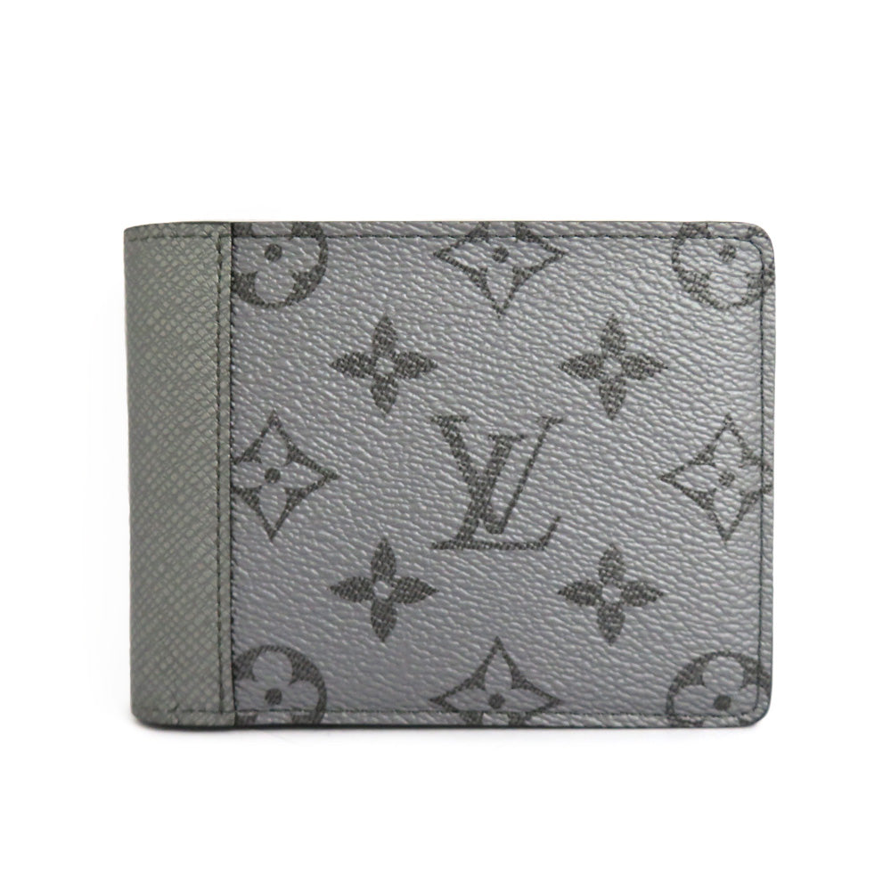 Louis Vuitton Portefolio Multipur M30843  Monogram Taiga Double Fold Wallet Silver Gr Card Compact Coinless Leather Mens