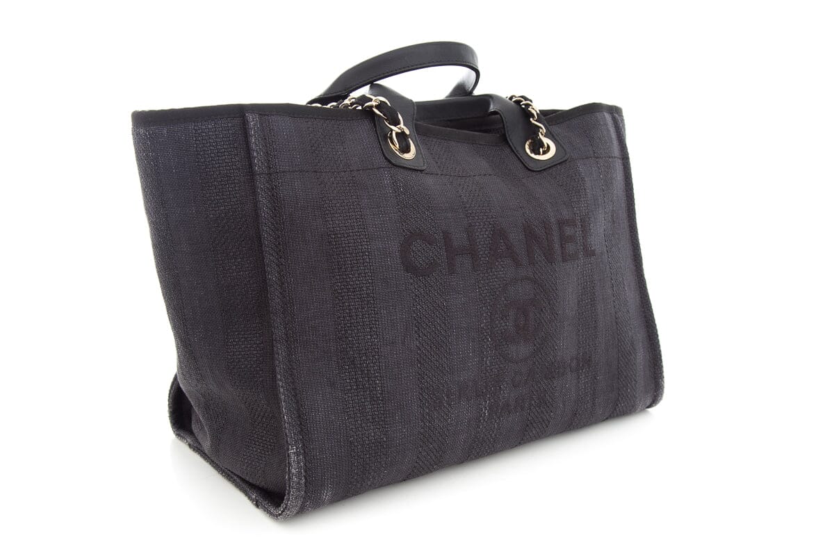 Chanel Chambray and Black Raffia Large Deauville Shopping Tote