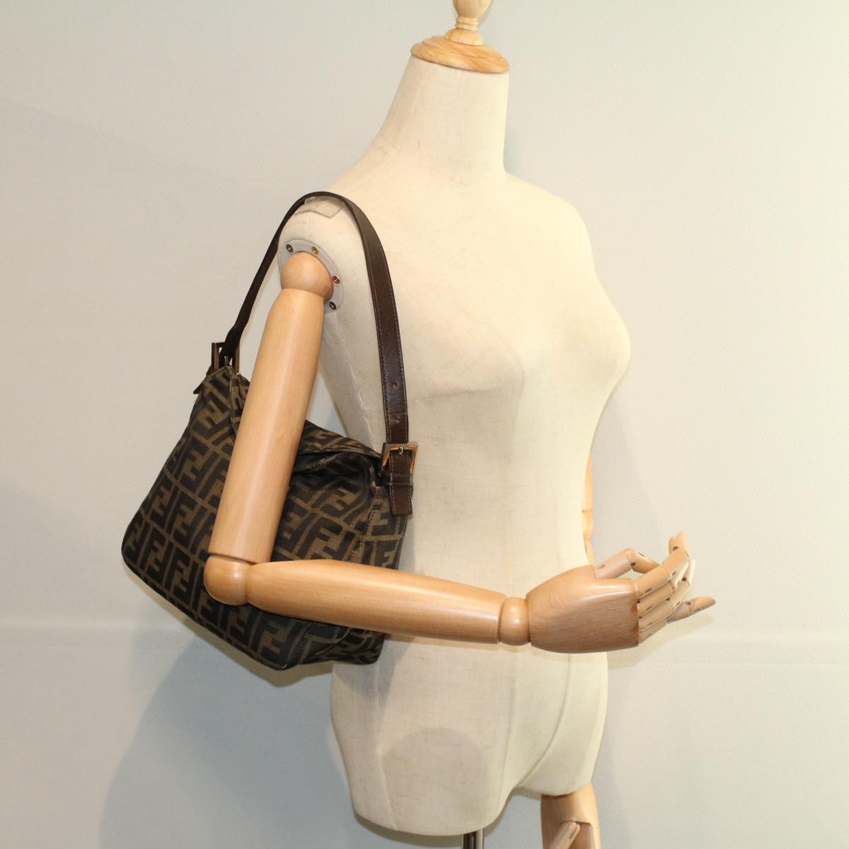 FENDI Zucca Canvas Mamma Baguette Shoulder Bag Black Brown bs10105