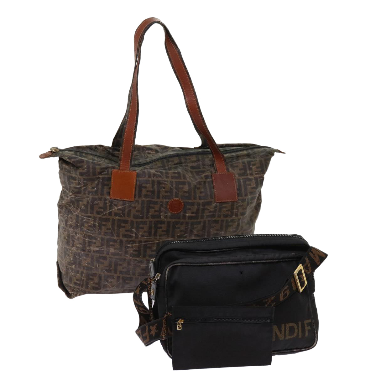 FENDI Zucca Canvas Shoulder Bag Coated Canvas 2Set Brown Black bs10493