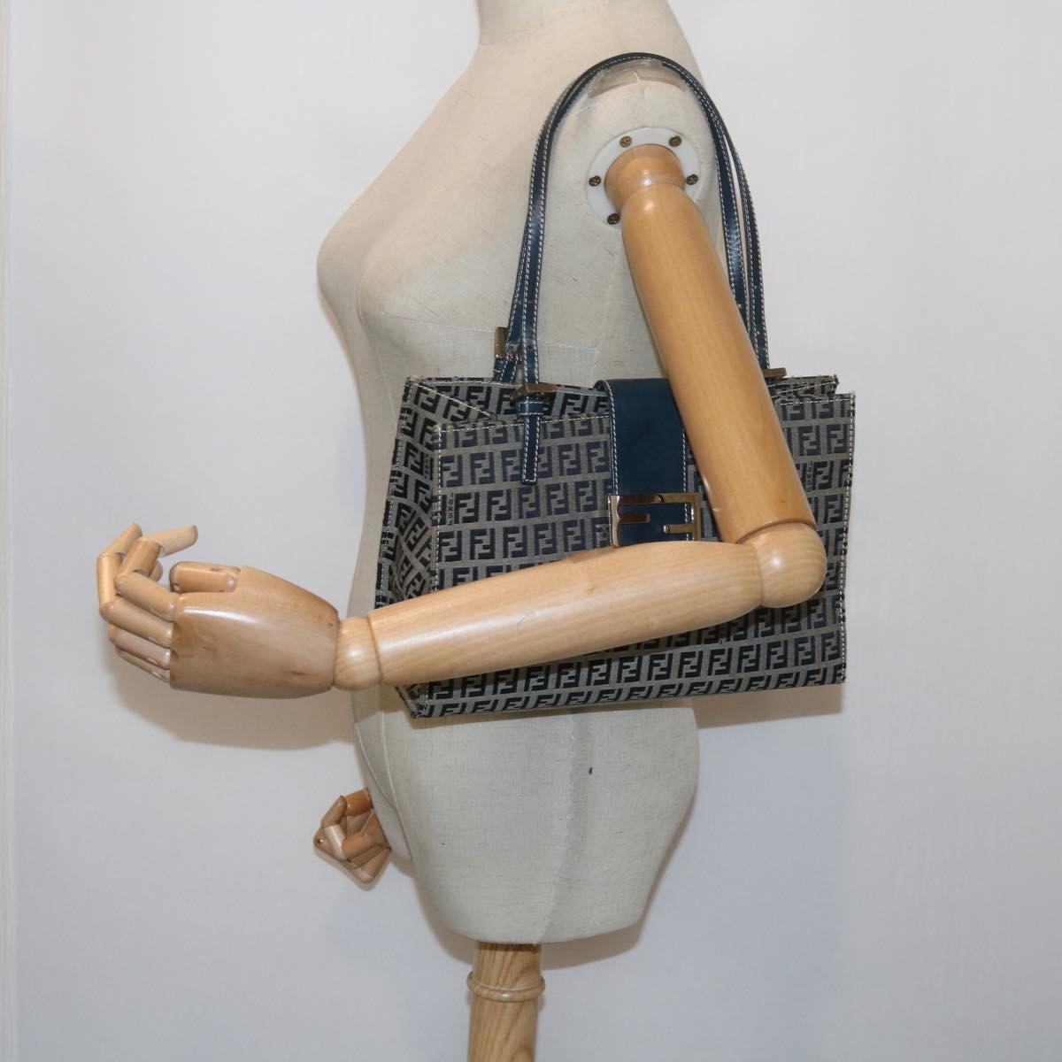 FENDI Zucchino Canvas Mamma Baguette Shoulder Bag Navy bs11001