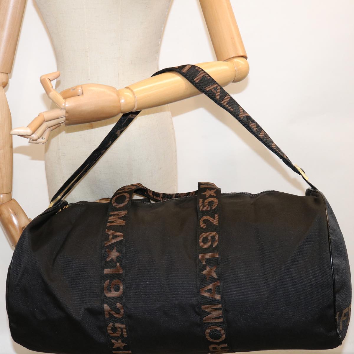 FENDI Boston Bag Nylon 2way Black Brown bs11573