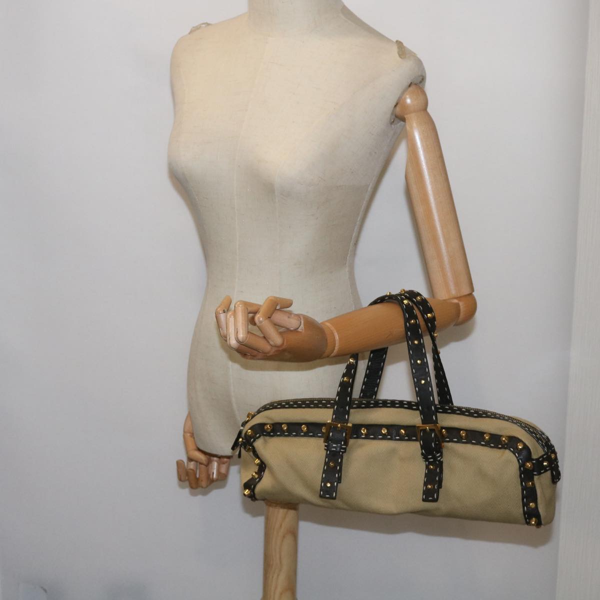 FENDI Hand Bag Canvas Beige bs12367