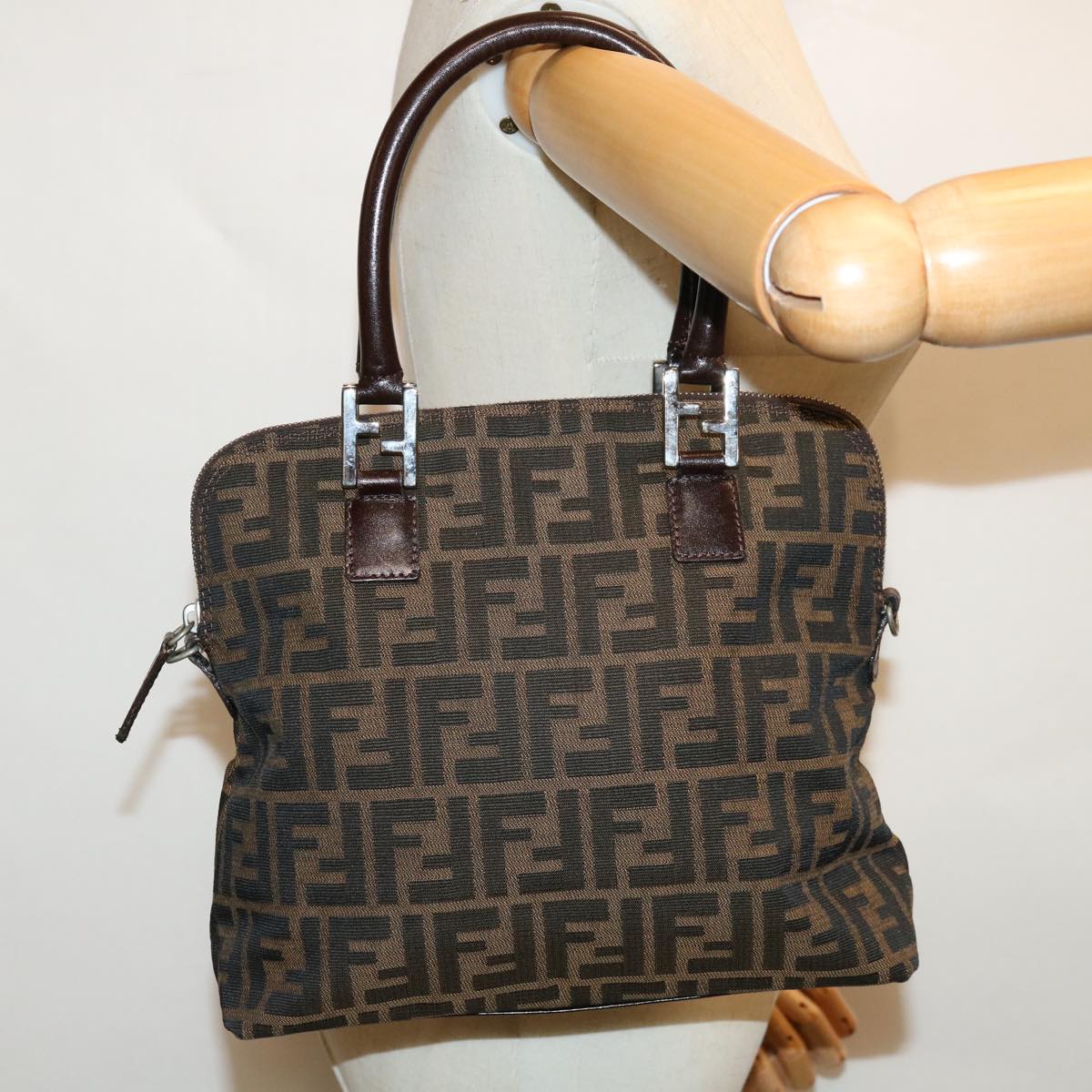 FENDI Zucca Canvas Hand Bag Black Brown