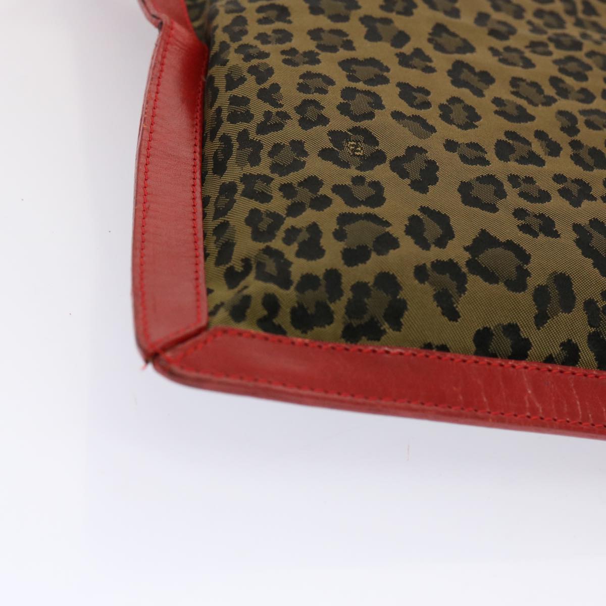 FENDI Leopard Clutch Bag Nylon Leather Red Brown bs13085