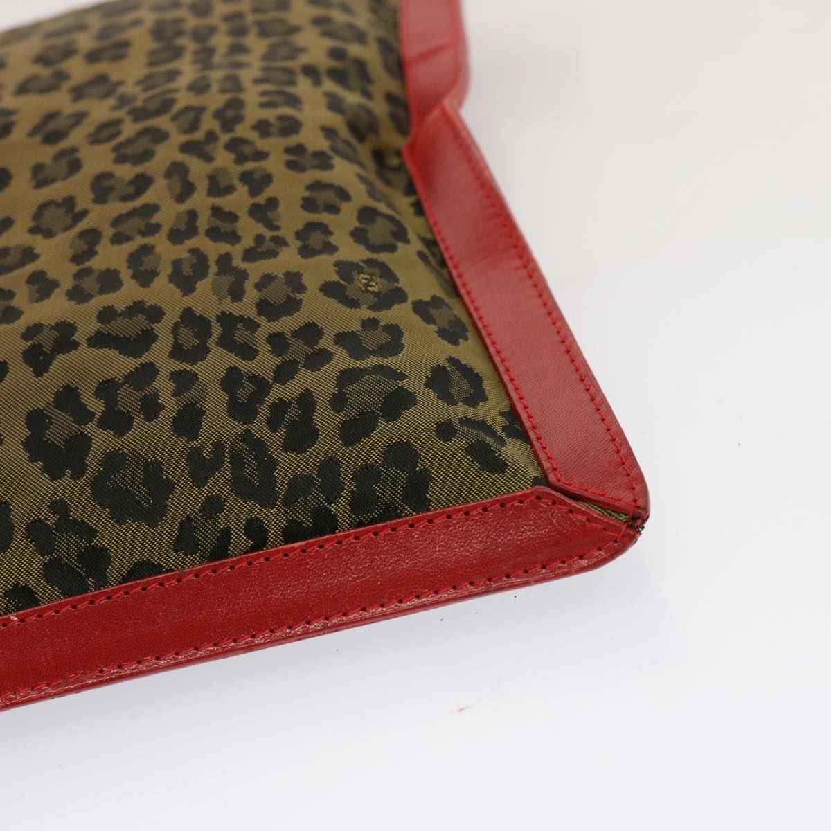 FENDI Leopard Clutch Bag Nylon Leather Red Brown bs13085