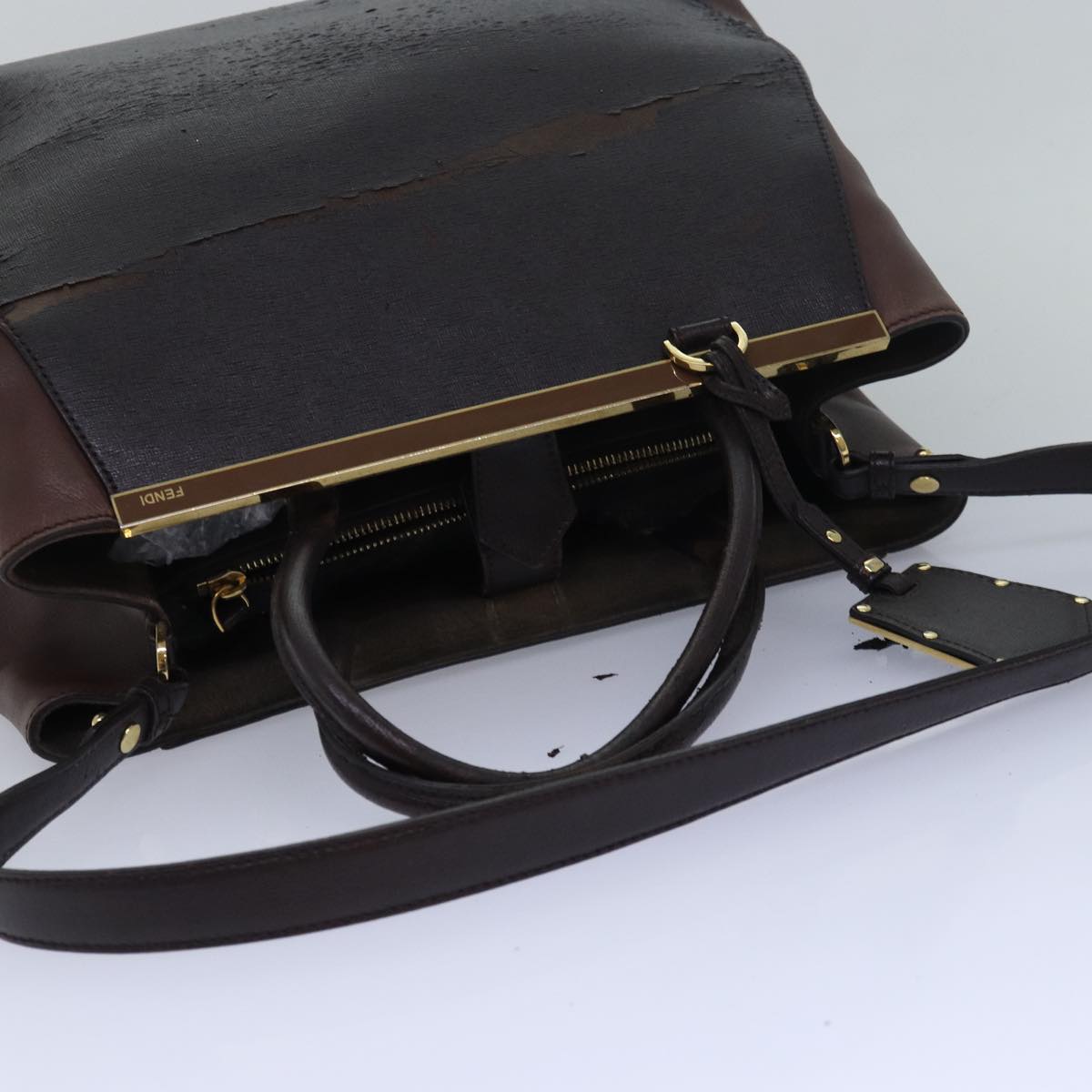 FENDI Shoulder Hand Bag Leather 3Set Brown Gold black bs14080