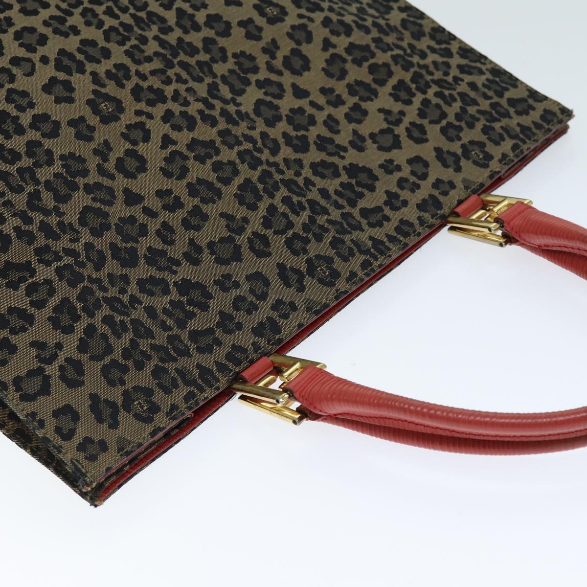 FENDI Leopard Hand Bag Canvas Brown Red bs14393