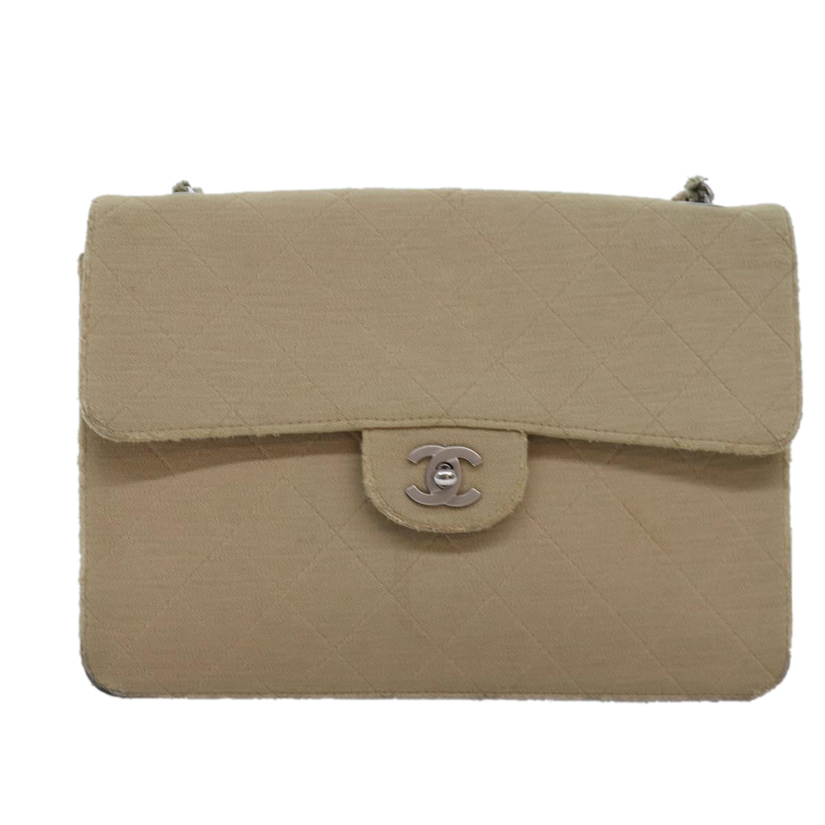 CHANEL Matelasse Turn Lock Chain Shoulder Bag Cotton Beige CC bs15107