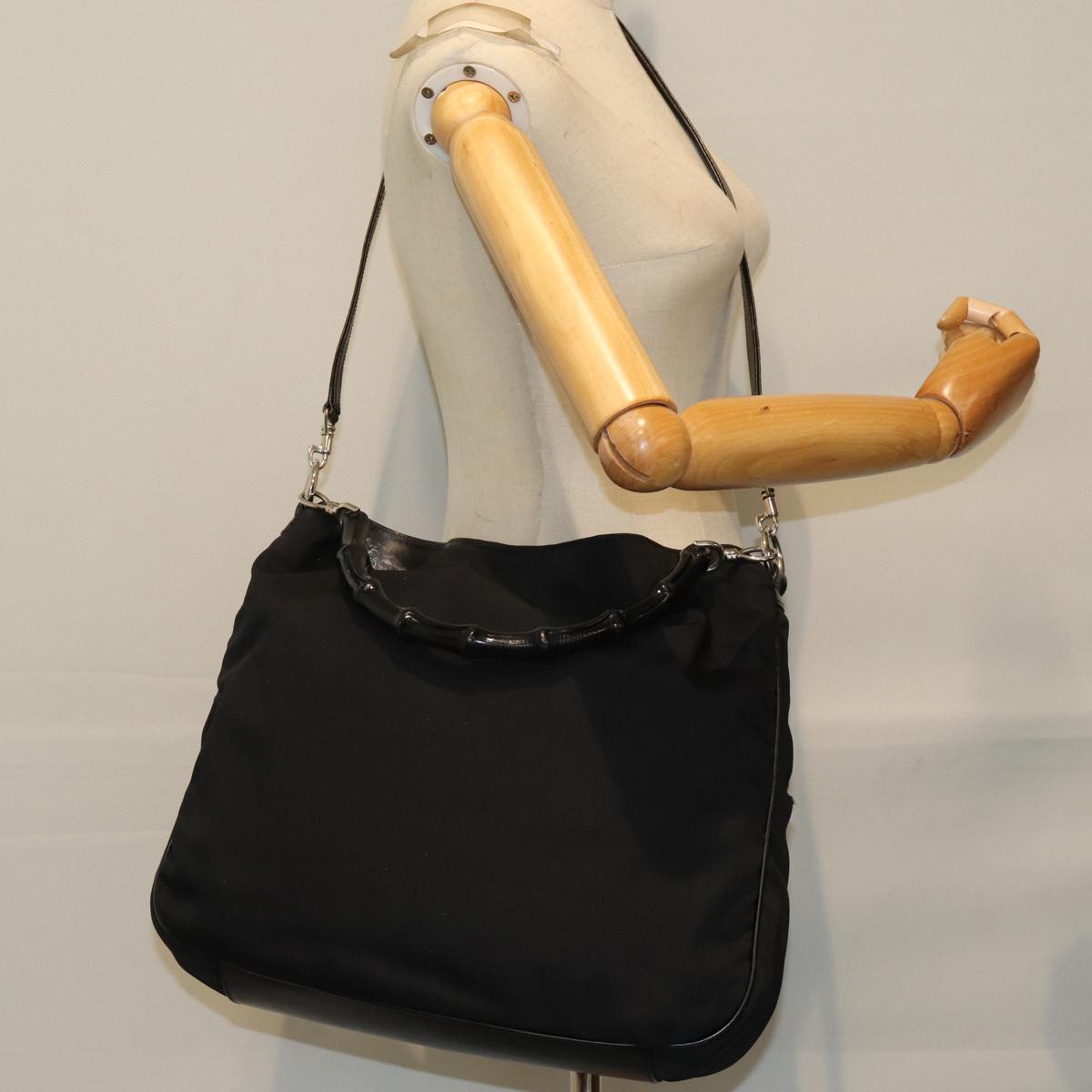 GUCCI Bamboo Hand Bag Nylon Black 001 1577 bs15256