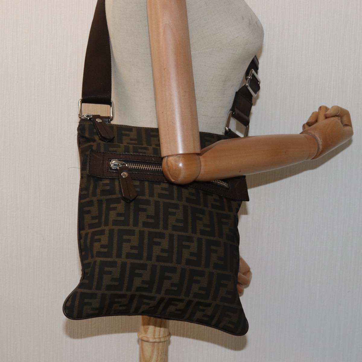 FENDI Zucca Canvas Shoulder Bag Brown Black bs15715