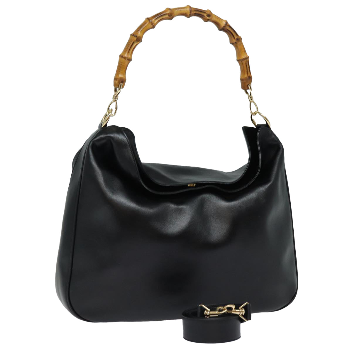 GUCCI Bamboo Hand Bag Leather 2way Black 001 0166 1577 bs16270