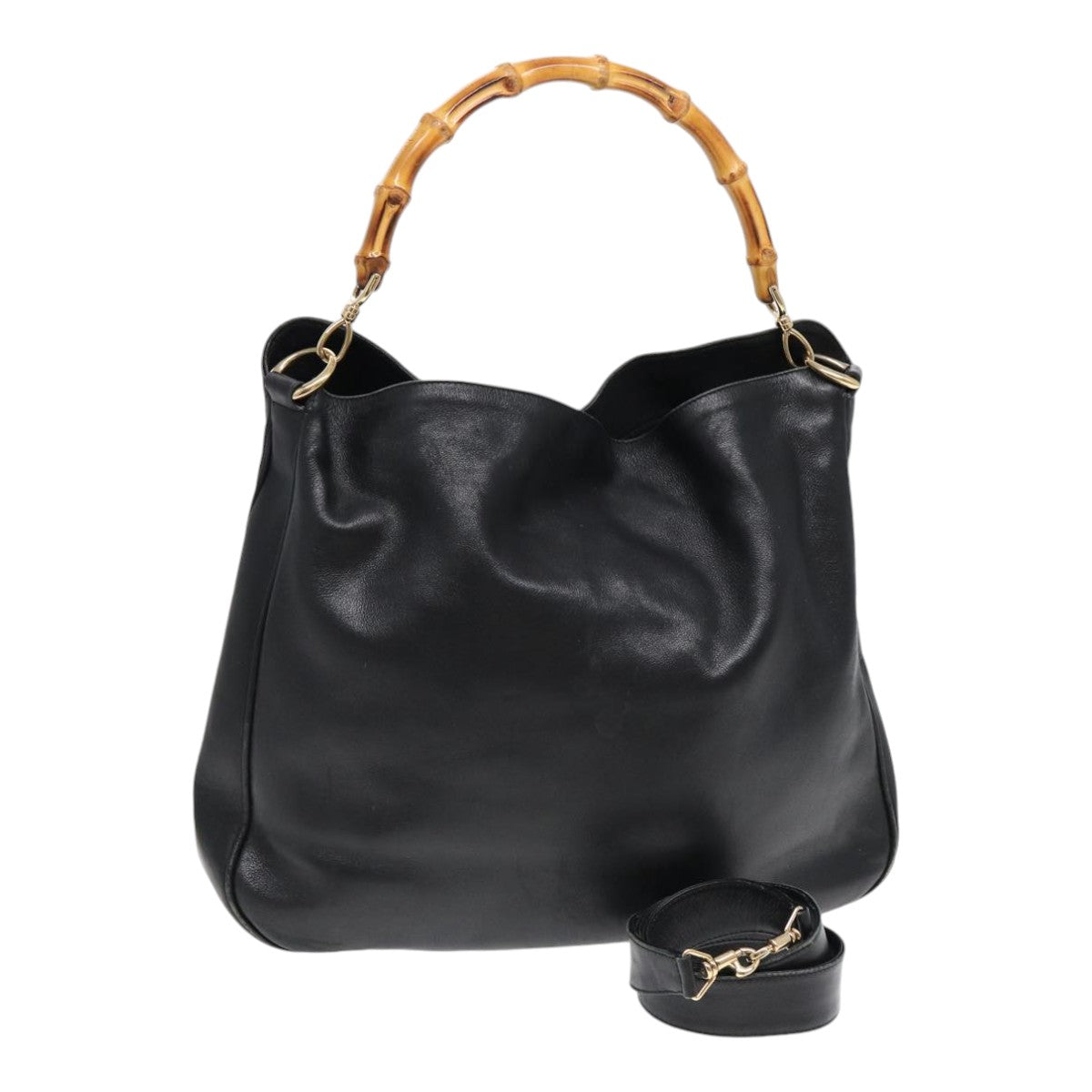 GUCCI Bamboo Hand Bag Leather 2way Black Gold 001 1577 bs16717