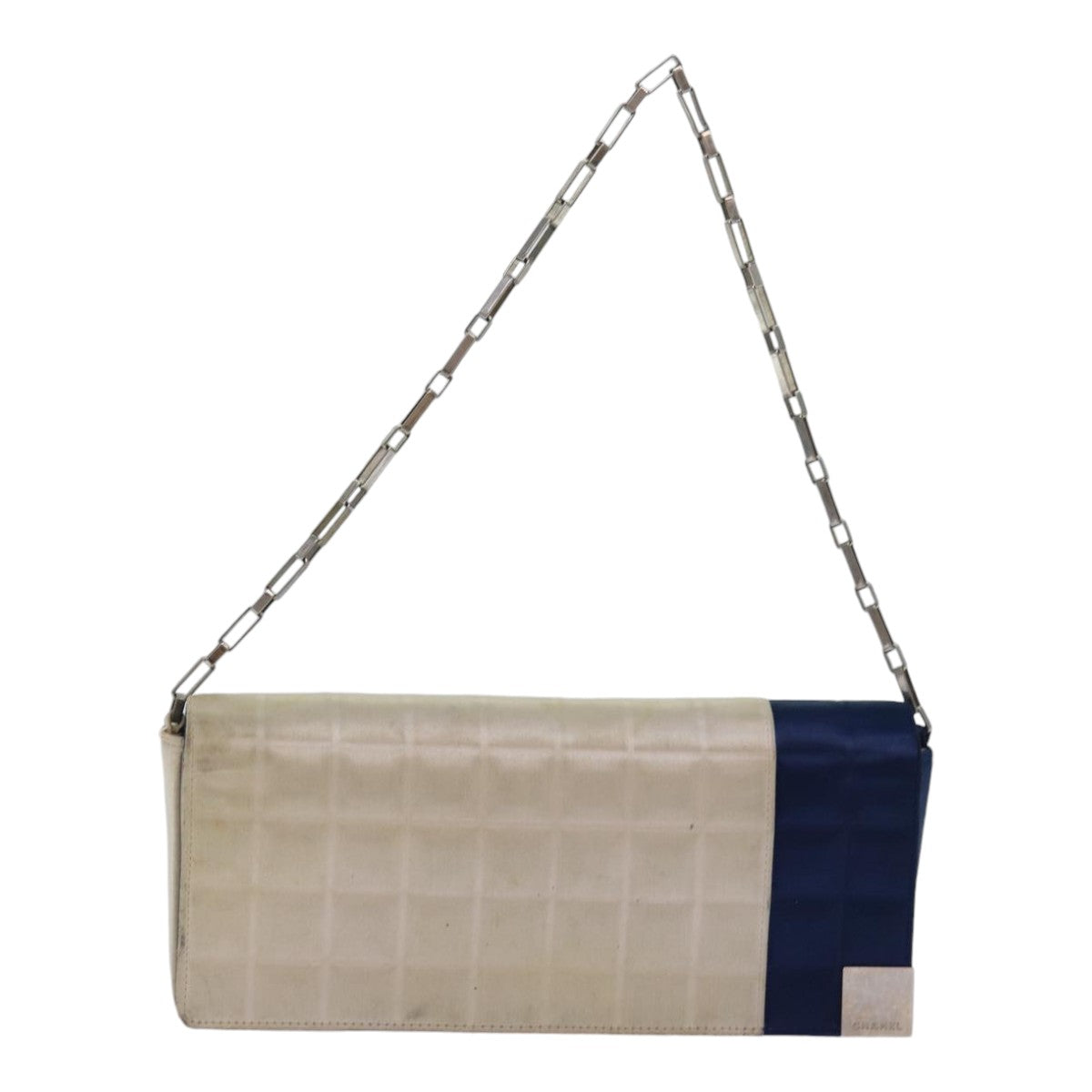 CHANEL Choco Bar Chain Hand Bag Satin Beige Navy CC bs16725