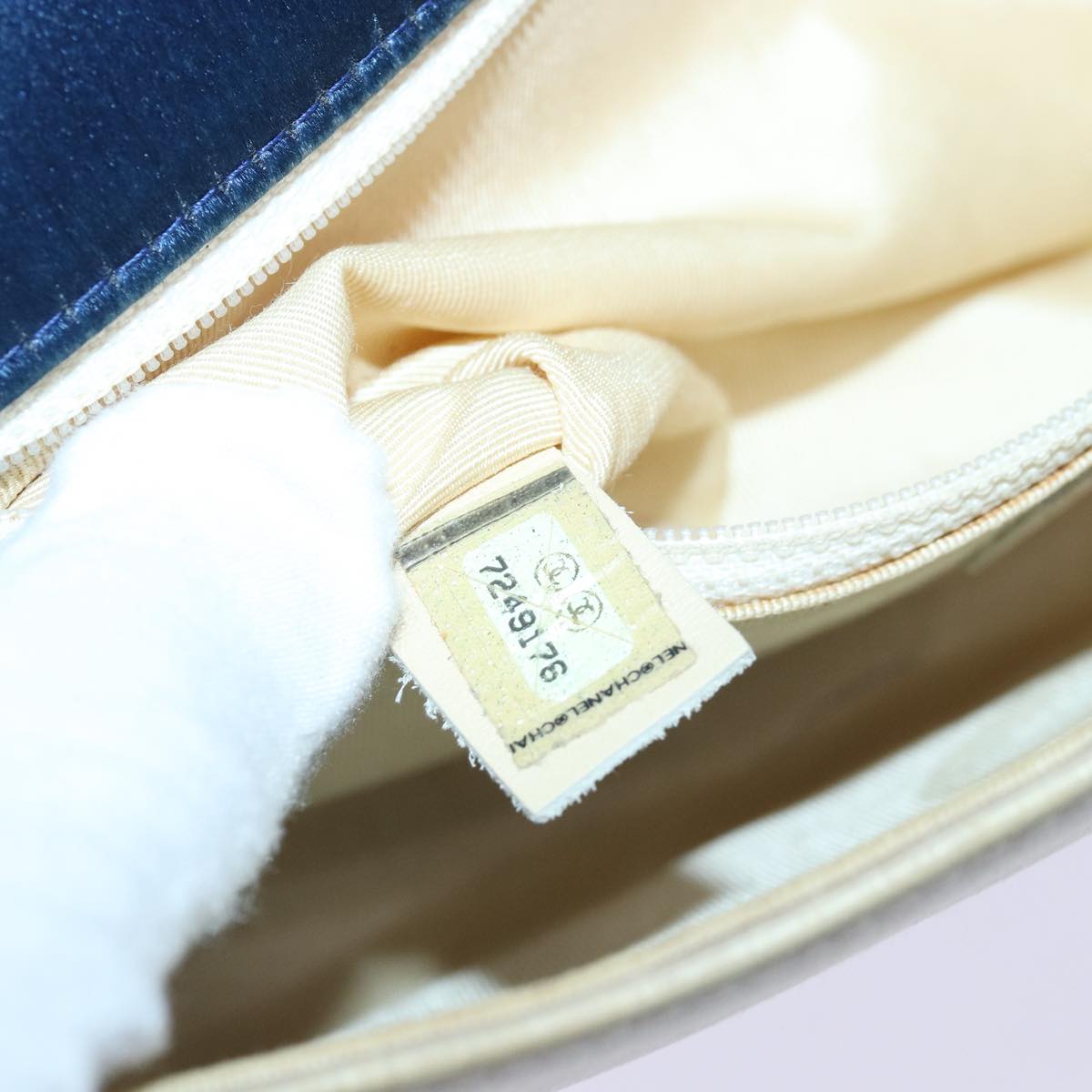 CHANEL Choco Bar Chain Hand Bag Satin Beige Navy CC bs16725