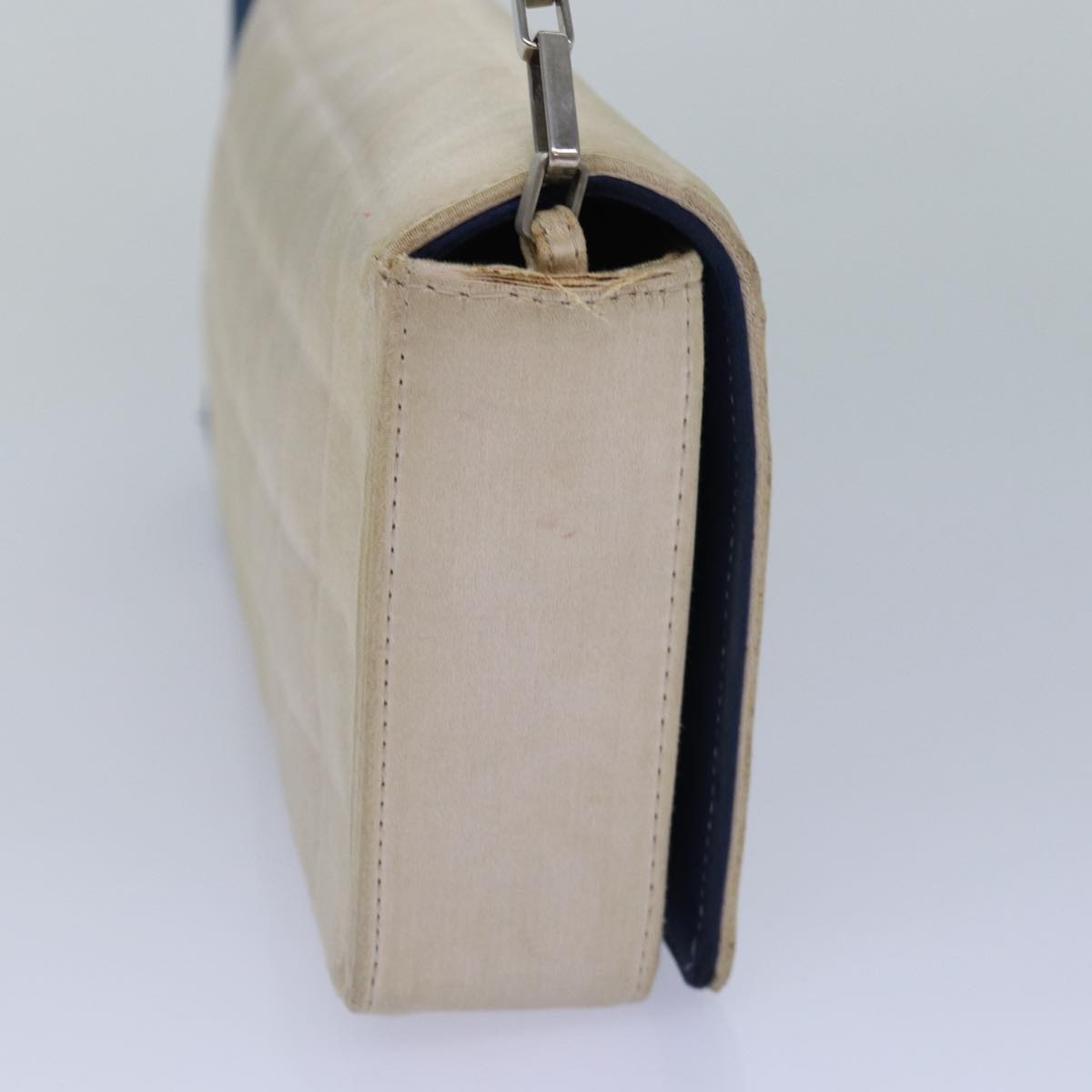 CHANEL Choco Bar Chain Hand Bag Satin Beige Navy CC bs16725