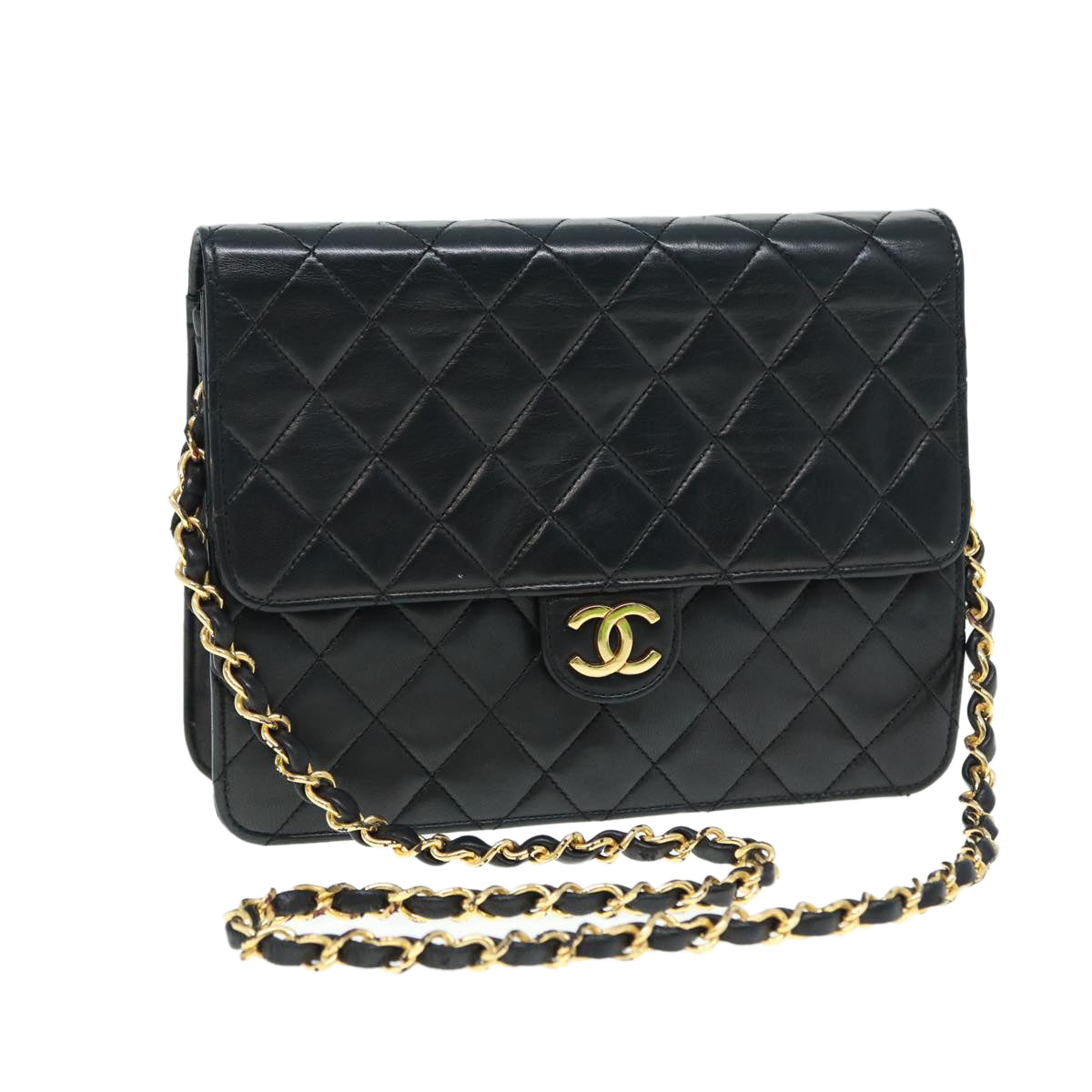CHANEL Matelasse Chain Shoulder Bag Lamb Skin Black Gold CC bs16822