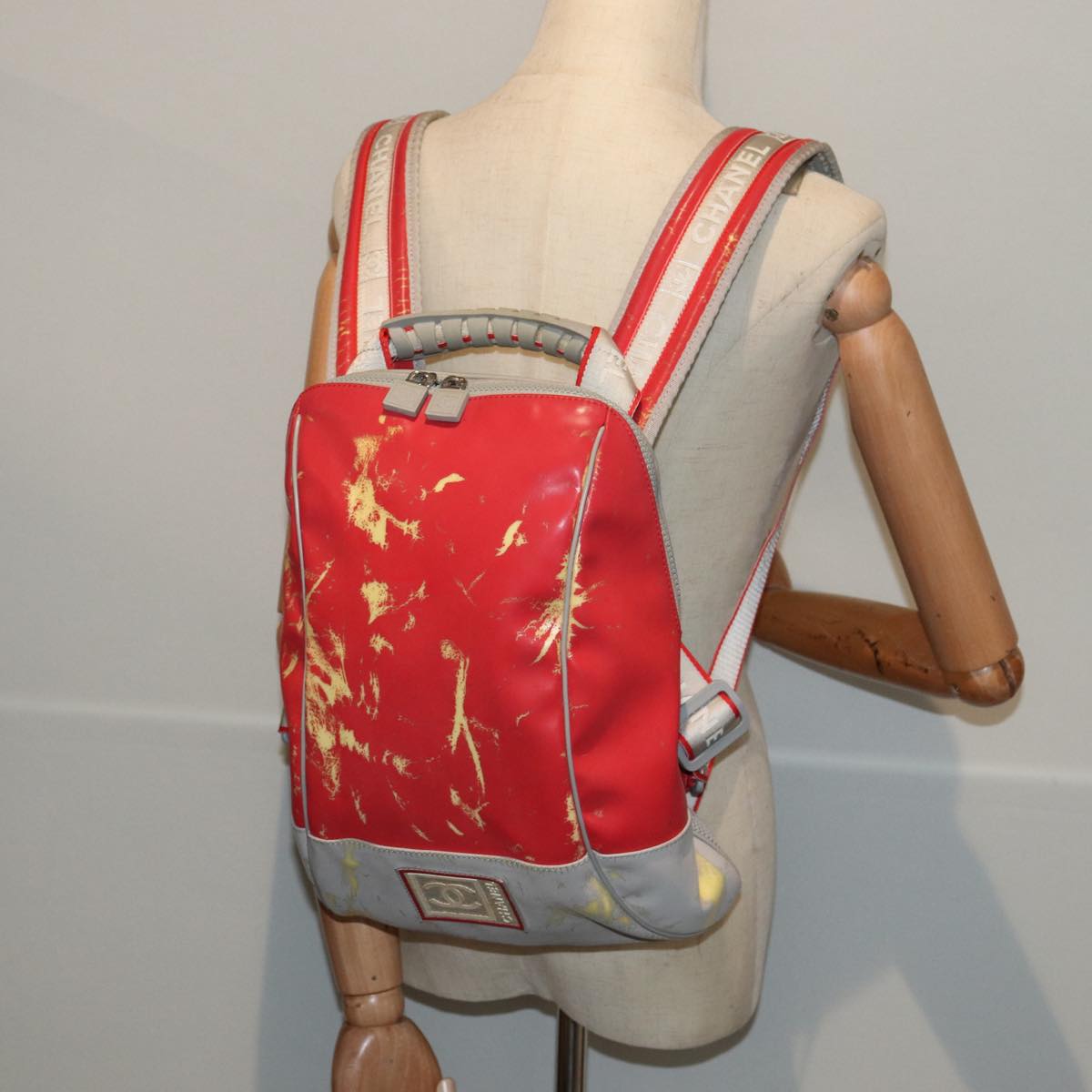 CHANEL Sports Line Backpack Vinyl Red Gray CC bs16920