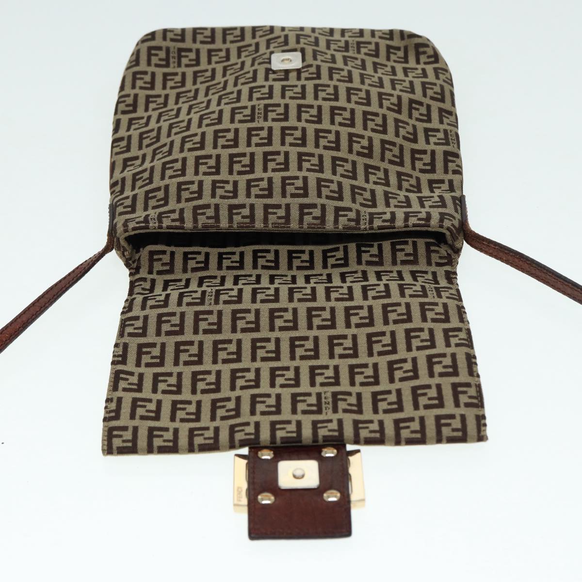FENDI Zucchino Canvas Shoulder Bag Brown Gold bs17192